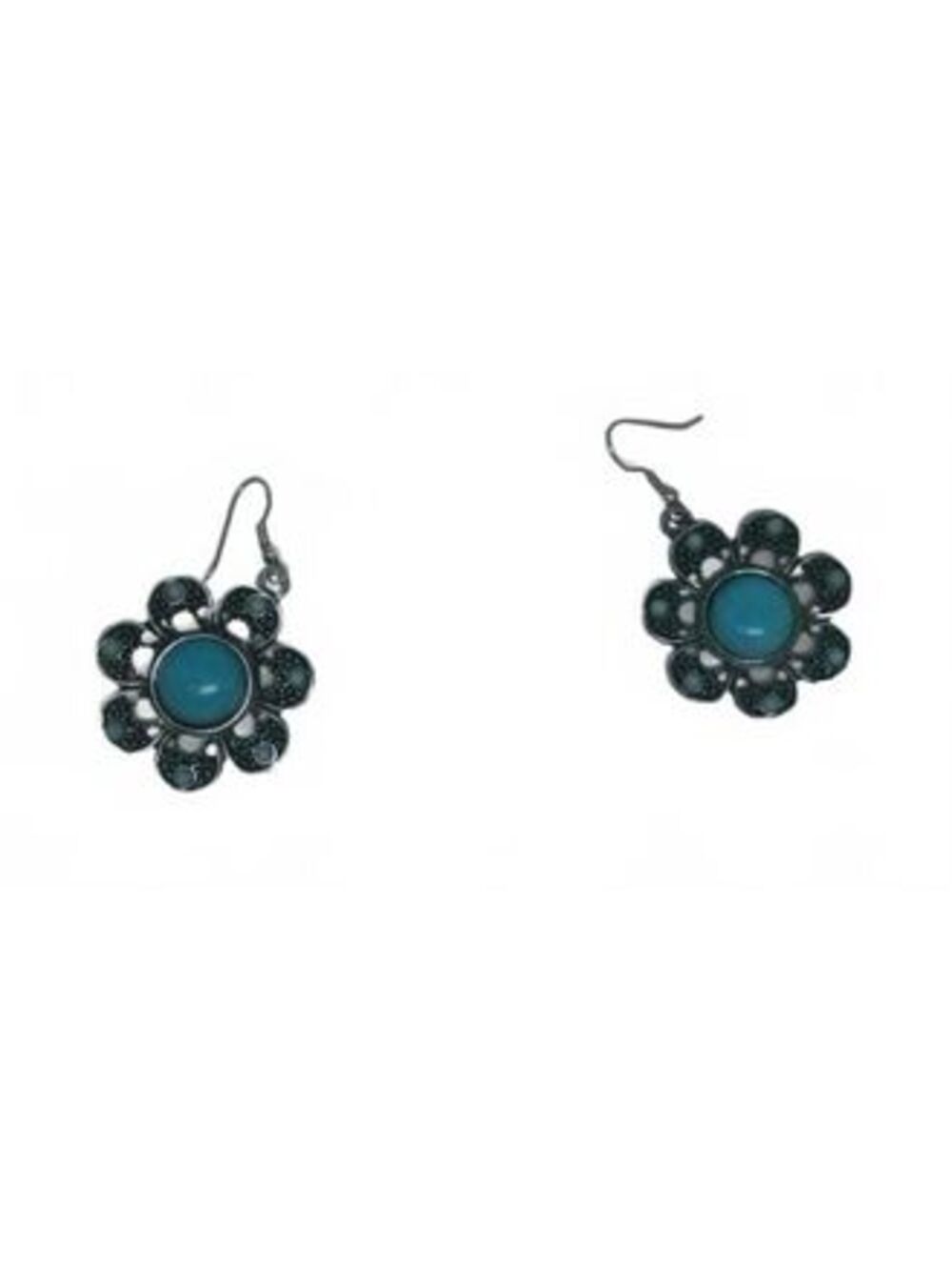 Vintage Silver Flower Drop Earrings, Teal Turquoise Cabochon Boho Floral Dangle